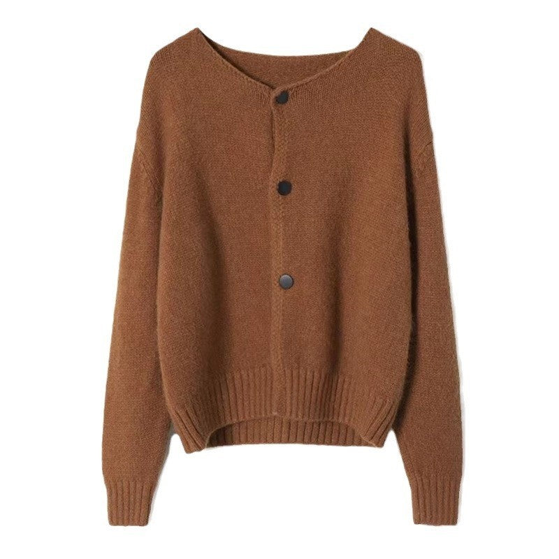 Solid Color Long Sleeve Crewneck Single Breasted Casual Loose Knitted Cardigan