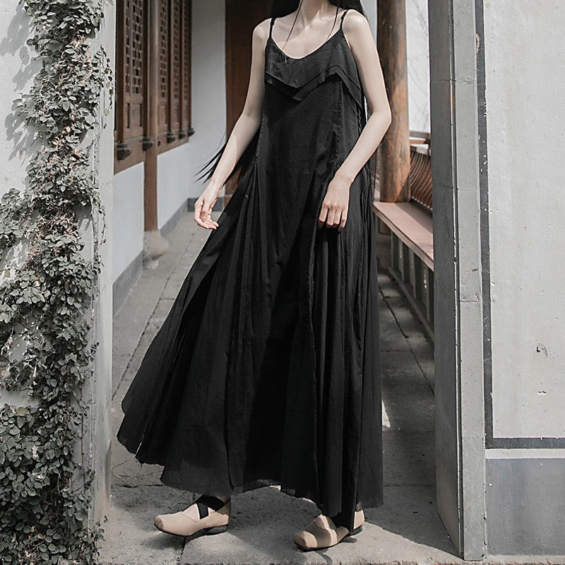 Solid Color Sleeveless Maxi Dress with Spaghetti Straps and Flowy Hem