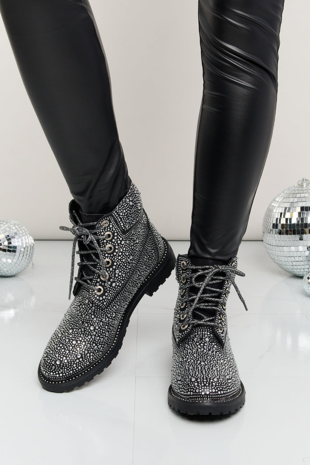 Rhinestone Lace-Up Combat Boots