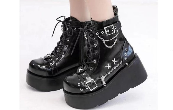 Women's Chunky Round-Toe Dr Martens Style Platform Boots | Side Zipper Wedge Heel
