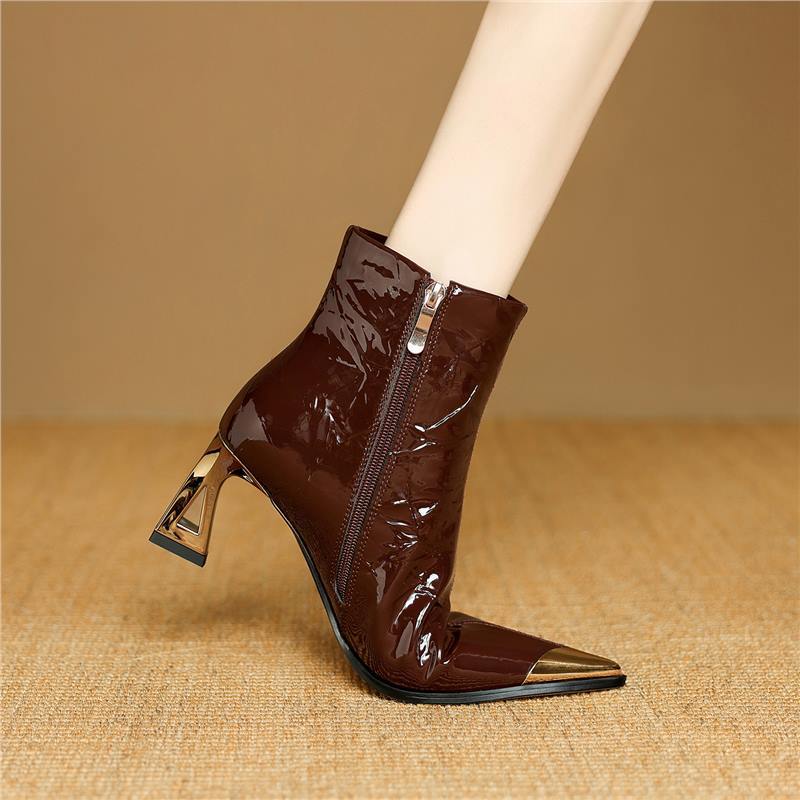 Wine-Red Patent Leather Pointed-Toe Ankle Boots for Women - Stiletto Heel Winter Boots