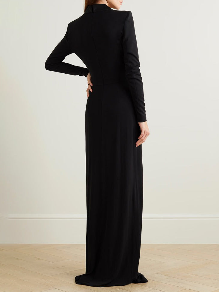 Solid Color Deep V-Neck Maxi Dress with Long Sleeves