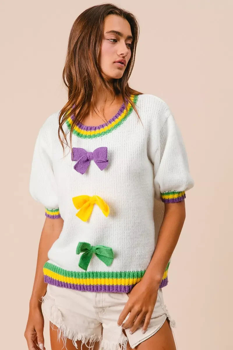 Short Puff Sleeve Ribbon Bow Mardi Gras Sweater