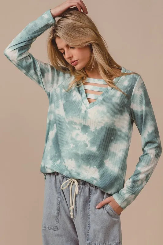 Variegated Tie Dye Rib V-Neck Top with Strapped
