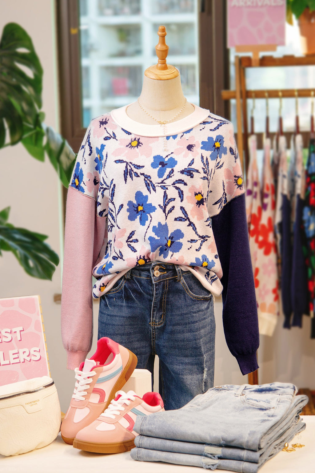 Khaki Floral Panel Colorblock Sleeve Patchwork Sweater