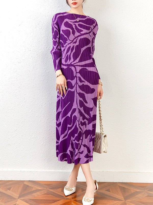 Fashion Floral Printed Pleated Long Sleeves Midi Dress