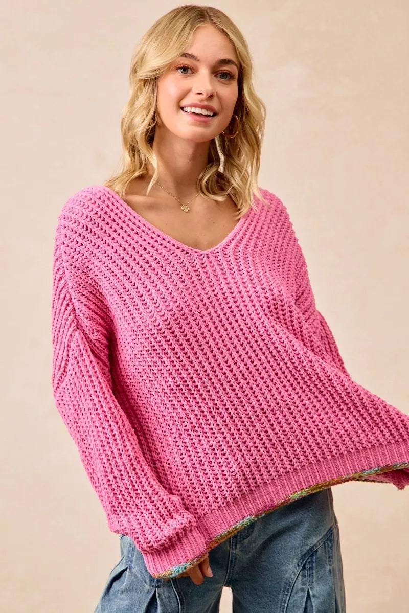 V-Neck Sweater with Colorful Trim