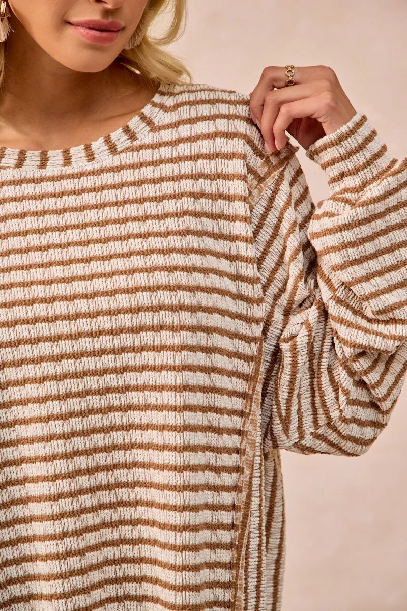 Open Seam Detail Textured Stripe Knit Top