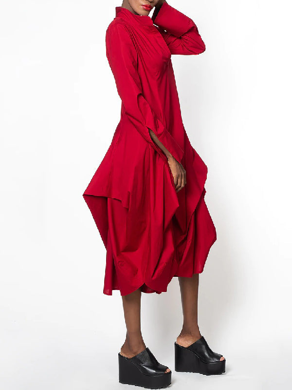 Chic Relaxed Fit Stand-Collar Long Sleeve Midi Dress
