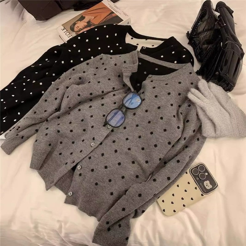 Round Neck Polka Dot Jacquard Knit Cardigan