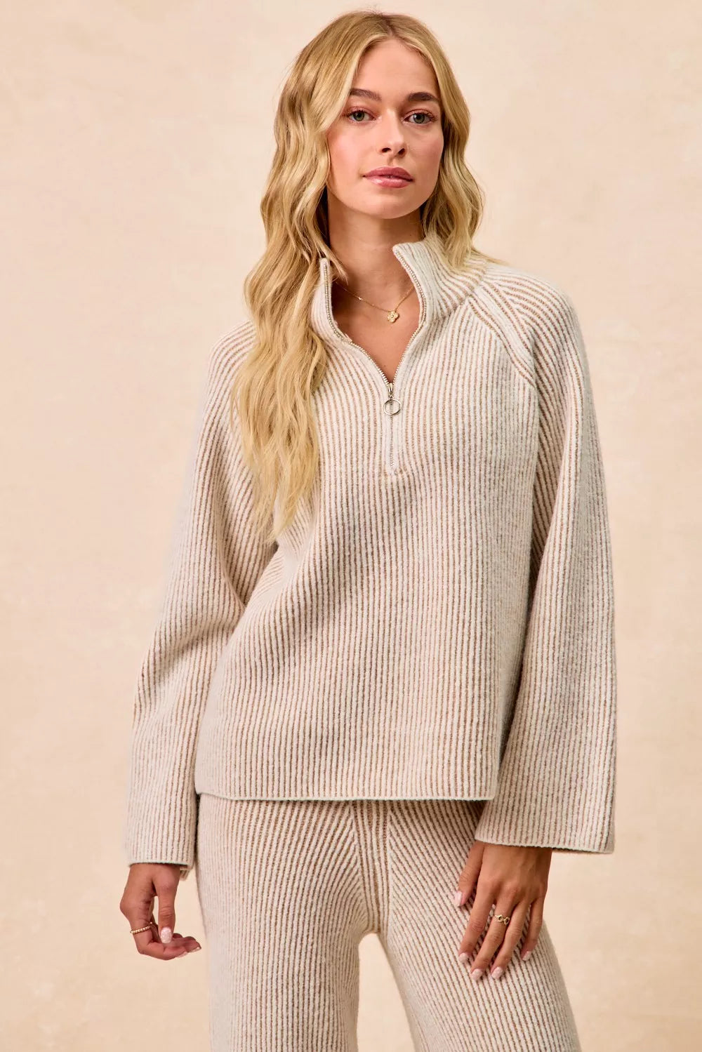Two Tone Rib Texured Knit Collared Top with Zip Up
