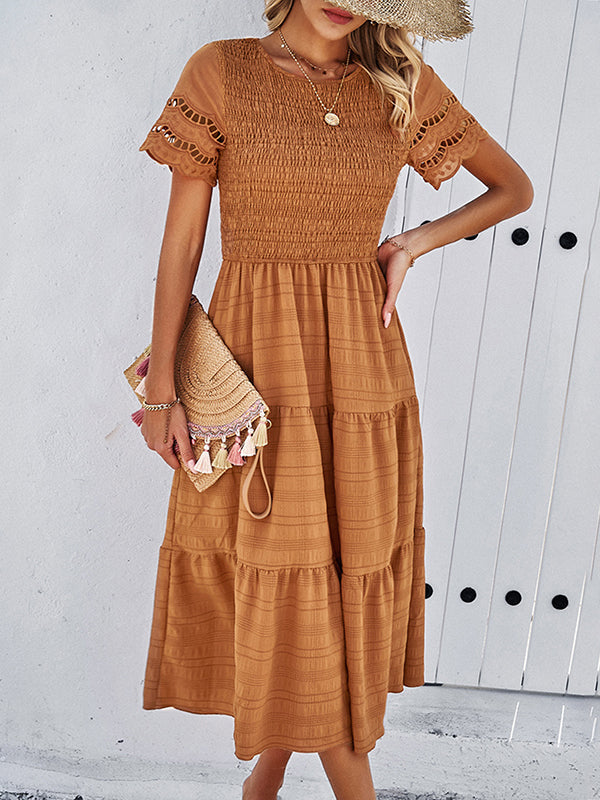 A-Line Loose Elasticity Hollow Solid Color Split-Joint Round-Neck Midi Dresses