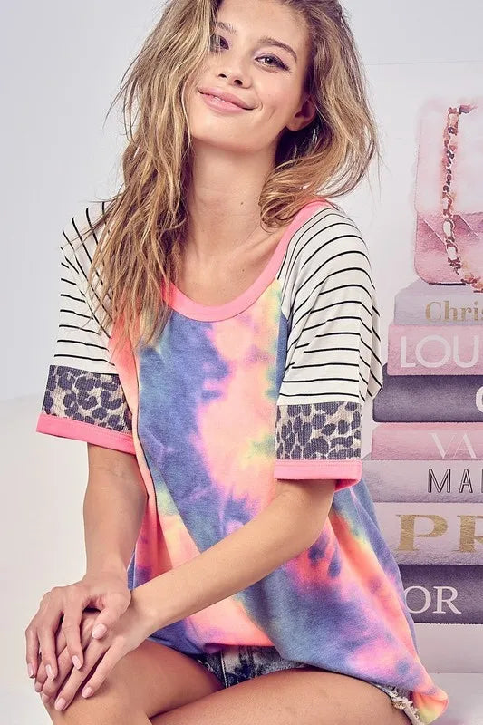 Tie Dye French Terry Top With Stripe Raglan