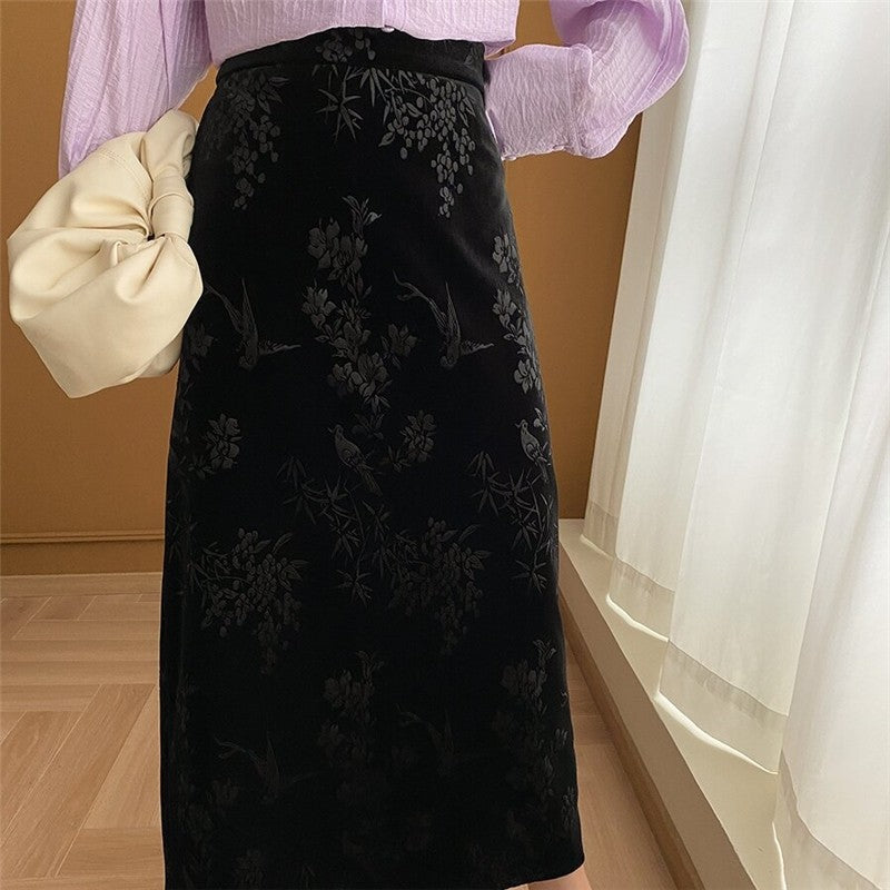 Velvet Half Skirt with Floral and Bird Embroidery