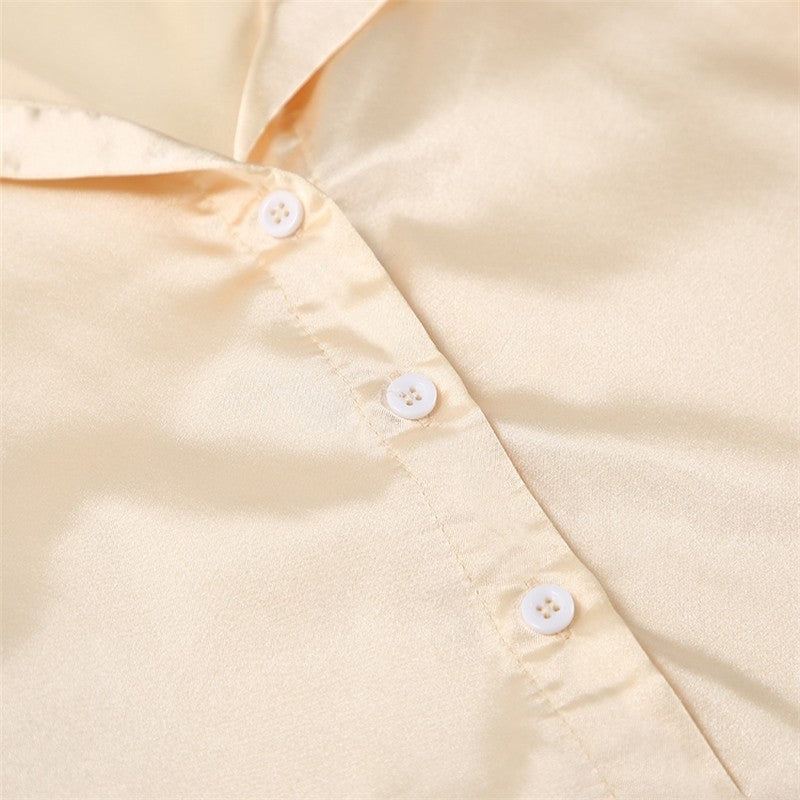 Solid Color Imitation Silk Long Sleeve Crop Top and Shorts Set - Sleepwear