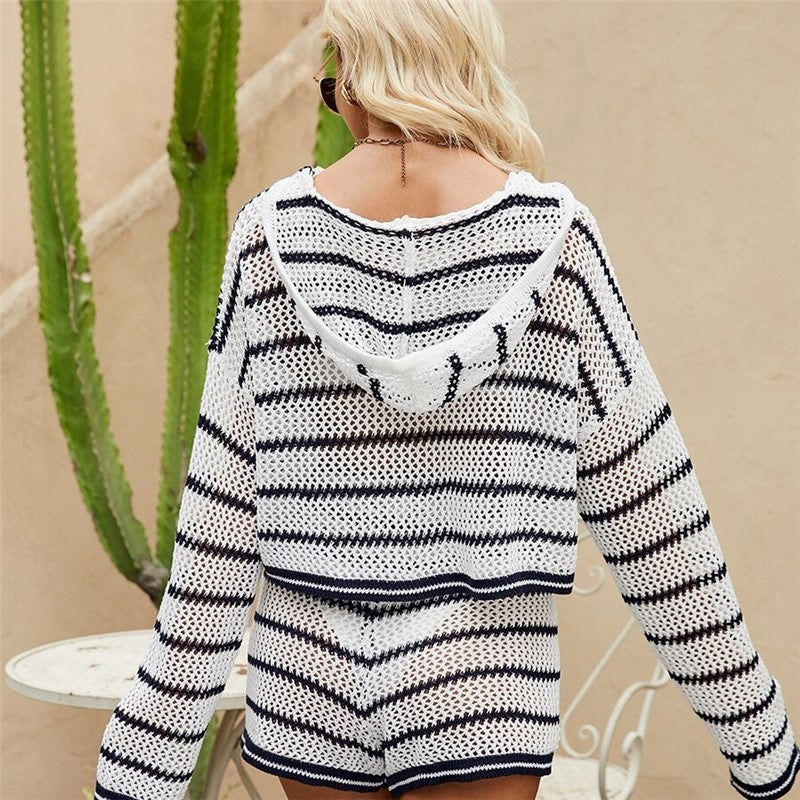 Striped V-Neck Hooded Knit Sweater Two-Piece Set