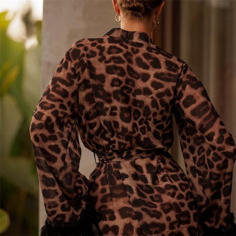 Leopard Print Feather Patchwork V-Neck Long Robe