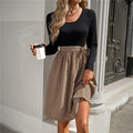 Long Sleeve Crewneck Waist Tied Patchwork A-Line Dress