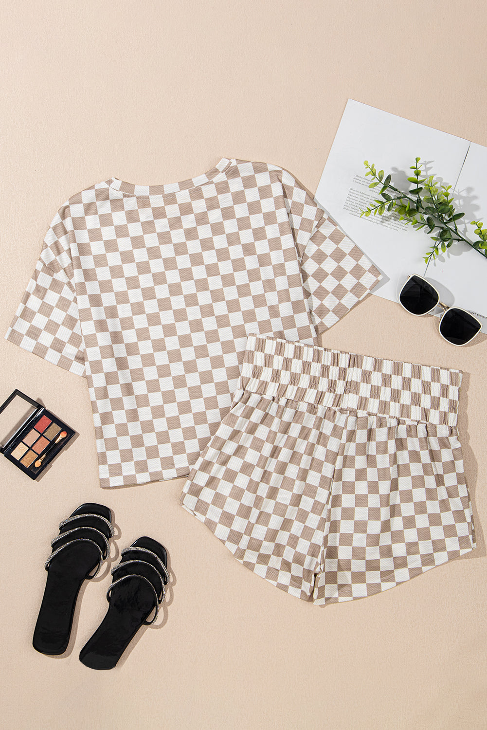 Brown Checkerboard T Shirt and High Waist Skorts 2 Piece Outfit