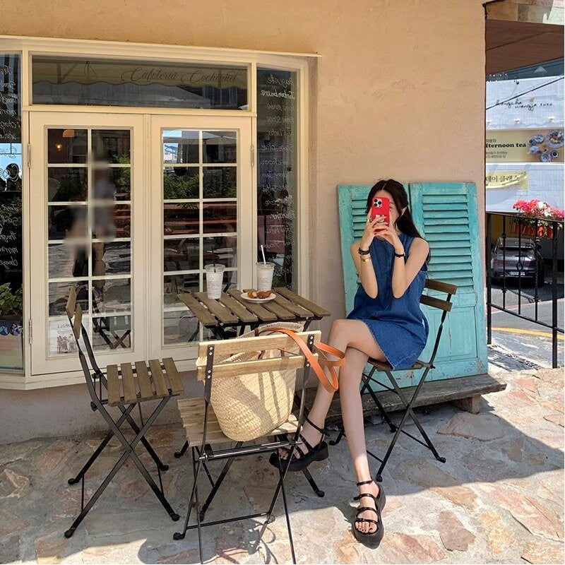 Denim Mini Dress with Sleeveless Design and Drawstring Waist