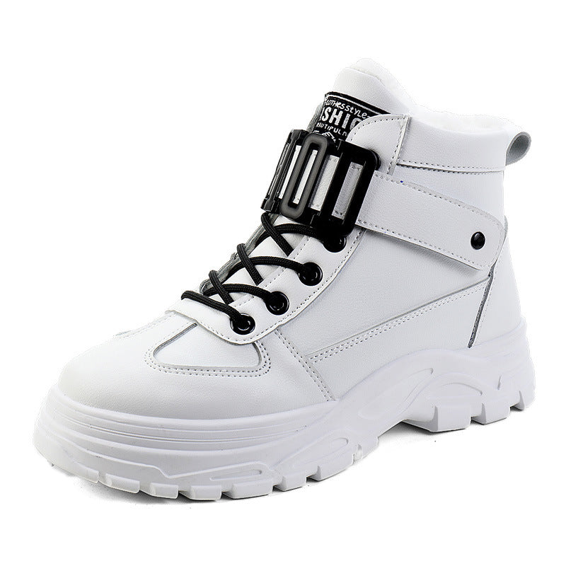 Women's Waterproof Platform High-Top Sneakers | Leather Stitching Plush Lining