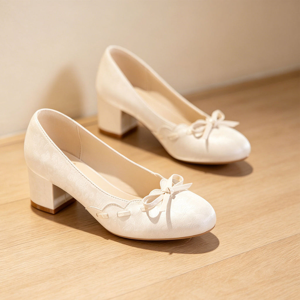 Women's Satin Bow Block Heel Pumps | Ivory Jacquard Slip-On Heels