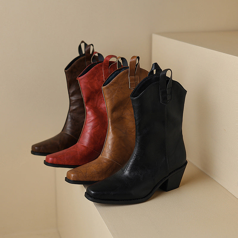 Women's Retro Square Toe V-Cut Mid-Calf Chunky Heel Boots | Synthetic PU | Sizes EU 34–43