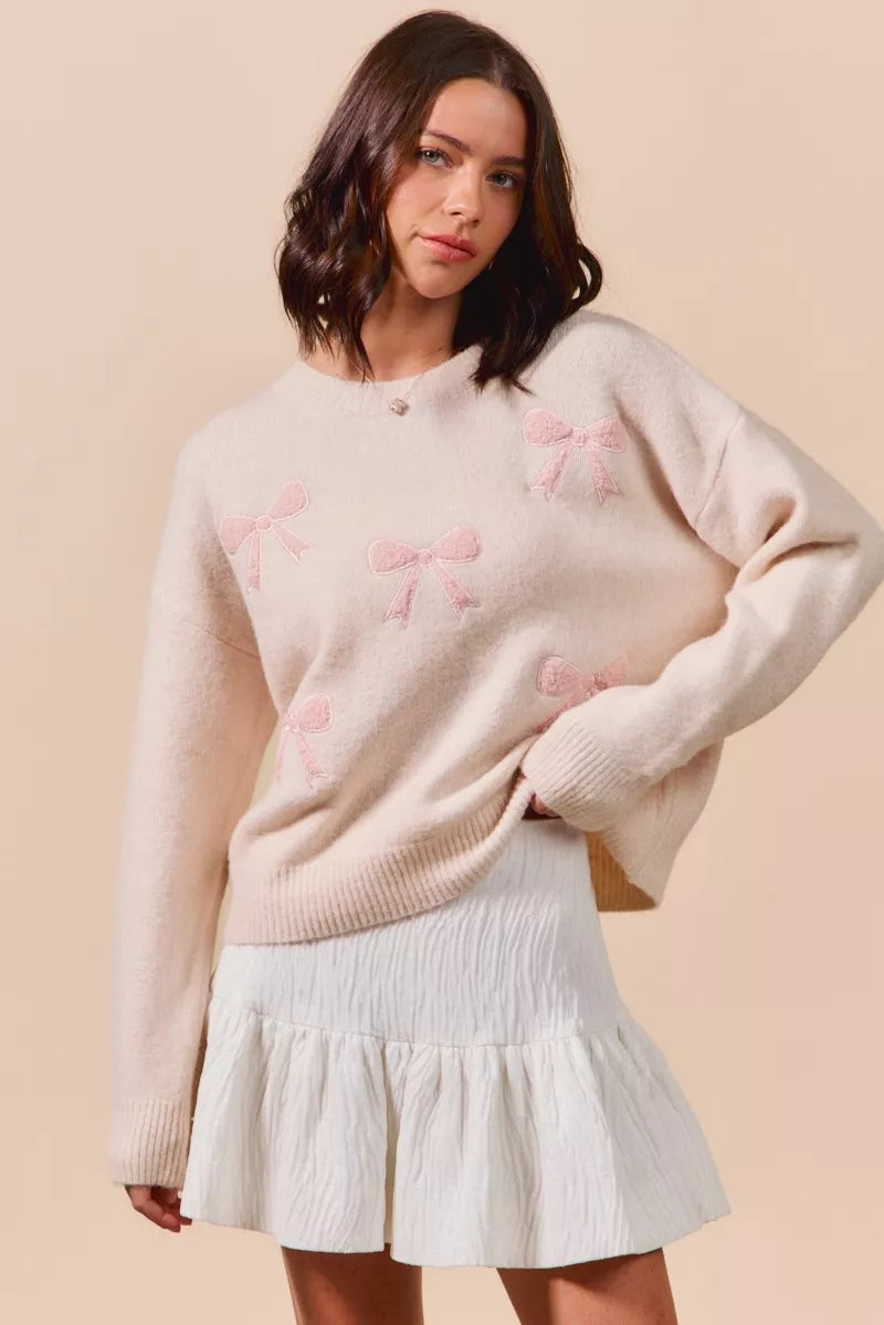 Embroidered Ribbon Round Neck Sweater