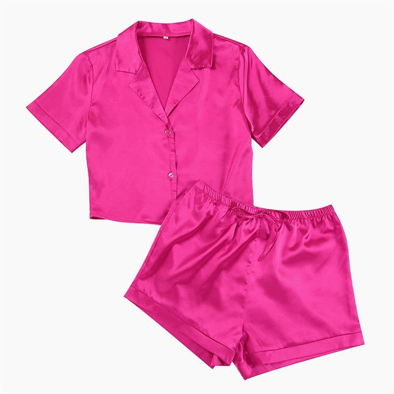 Solid Color Satin Short Sleeve Lapel Buttoned Pajama Suit