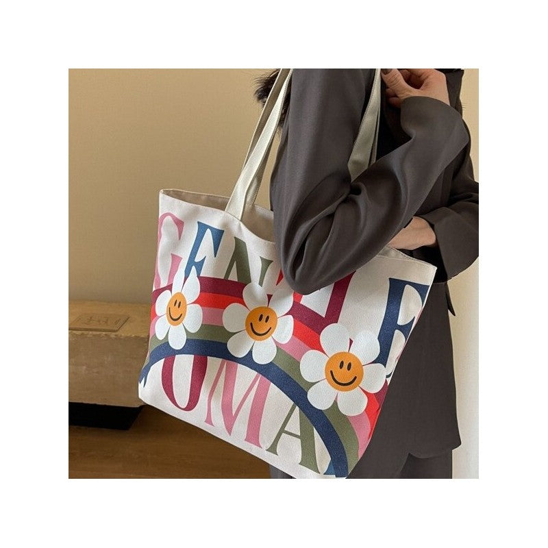 Colorful Rainbow Print Oversized Canvas Shoulder Bag