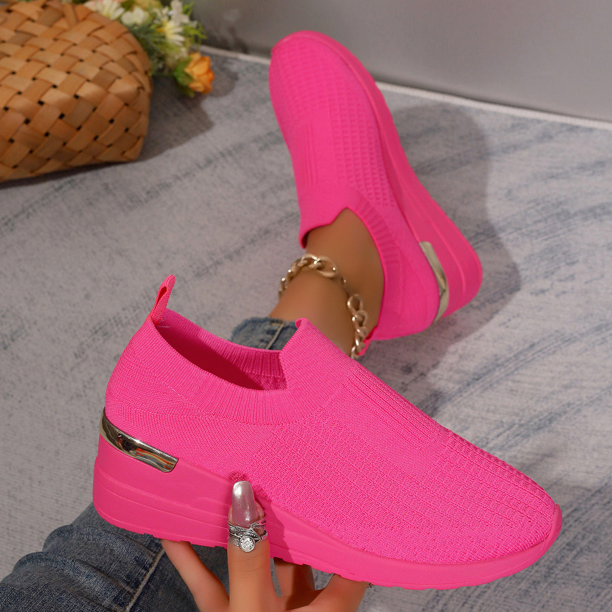 Women's Flyknit Mesh Breathable Wedge Sneakers | Slip-On Platform Casual Shoes