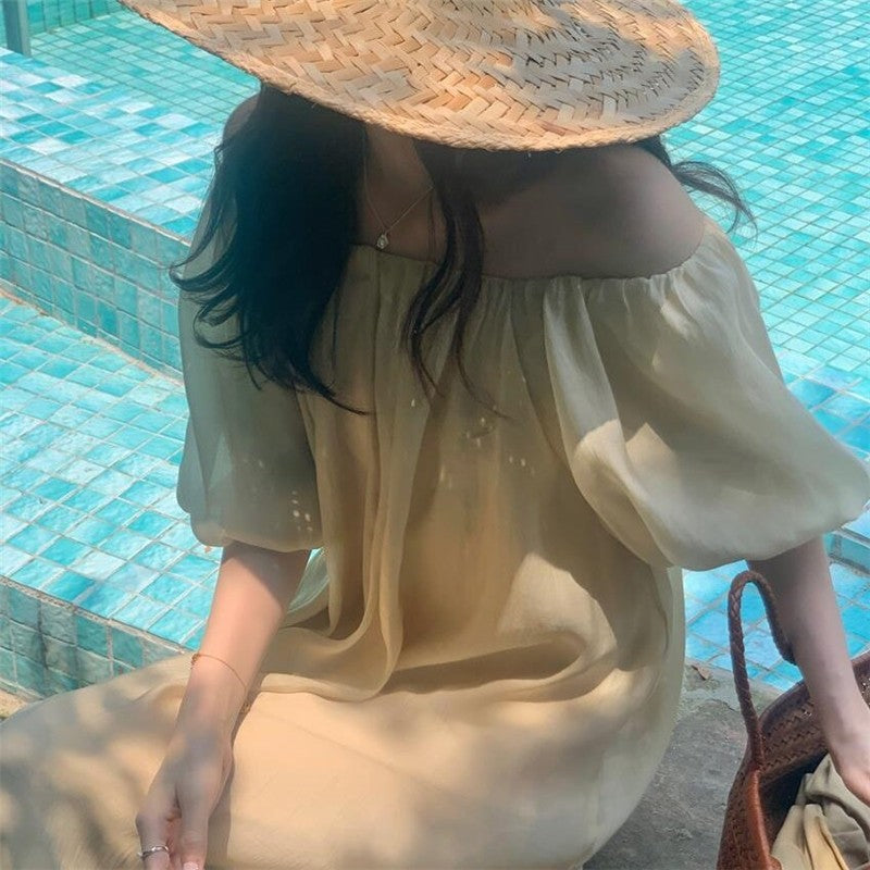 Solid Color Bubble Sleeve One-Shoulder Strap Pleated Dress