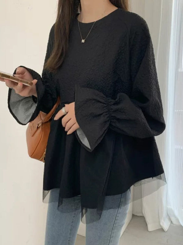 A-Line Flared Sleeves Elasticity Mesh Solid Color Split-Joint Round-Neck Blouses&Shirts Tops