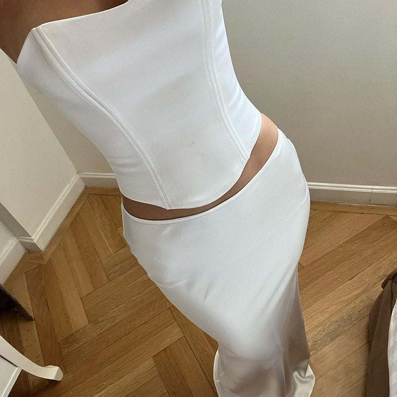 Solid Color Bandeau Maxi Dress Set with Matching Belt - Stylish and Versatile Summer Outfit