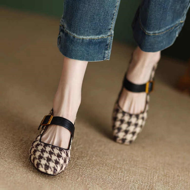 Retro Mary Jane Buckle Slip-On Heels for Women | 6cm Block Heel | Off-White & Black