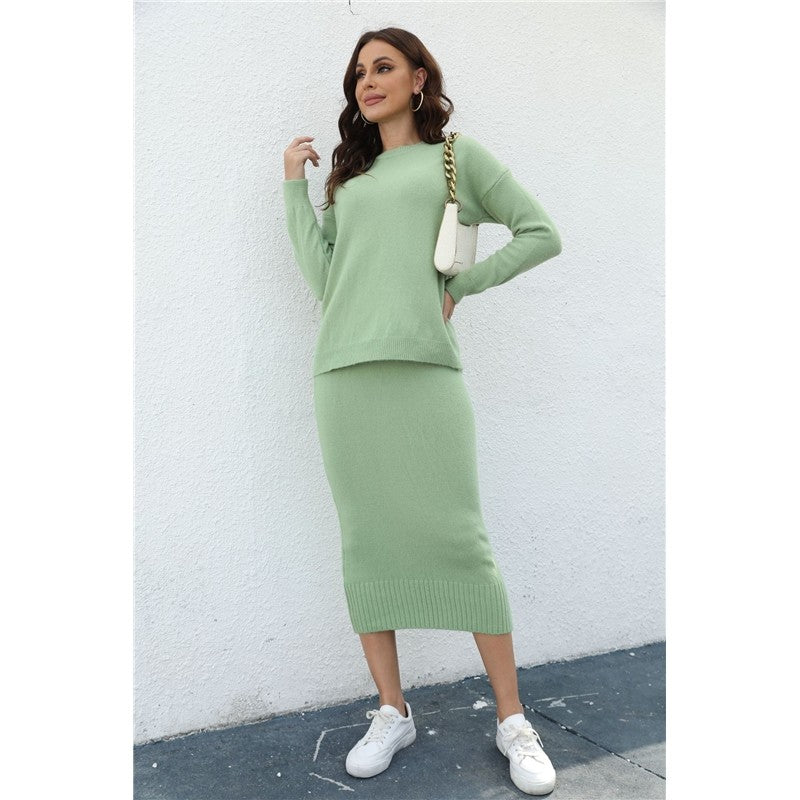 Solid Color Long Sleeve Crewneck Sweater and Skirt Set