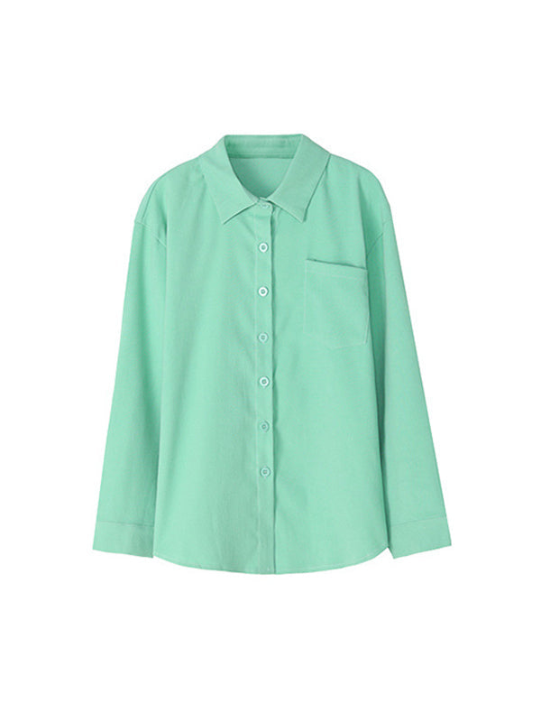 Long Sleeves Loose Solid Color Split-Joint Lapel Blouses