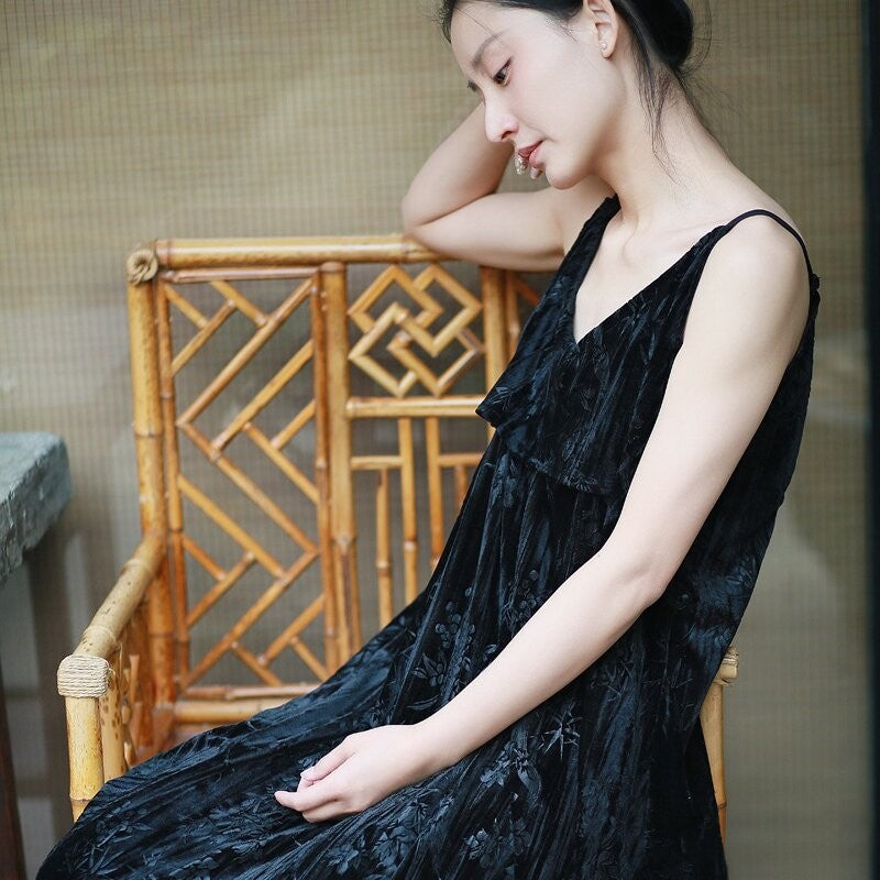Velvet Printed Camisole Dress in Solid Color