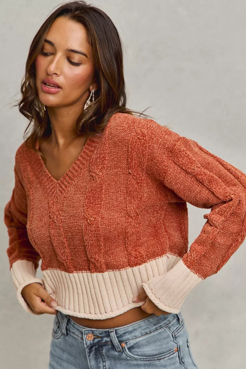 Chenille Cable Knit V Neck Contrast Cropped Sweater