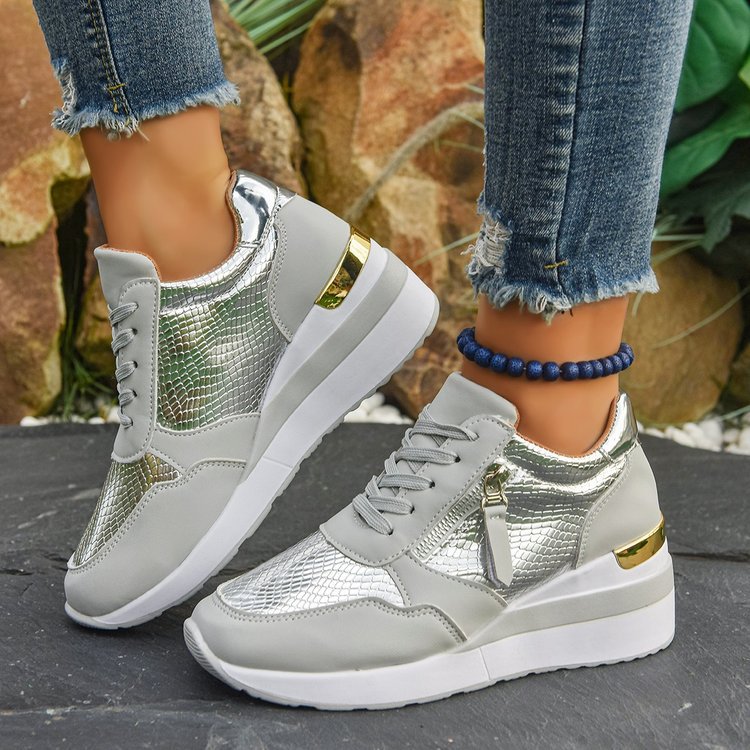 Women's Wedge Sole Height Increasing Casual Sneakers | Gold & Silver Platform Shoes