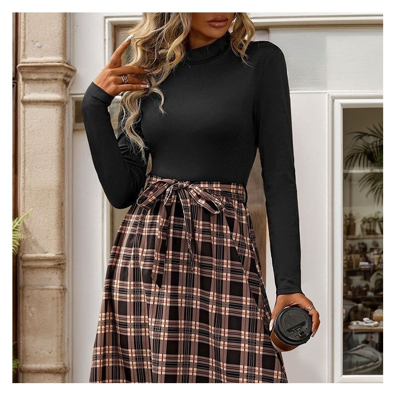 Plaid A-Line Dress with Chic Stand Collar