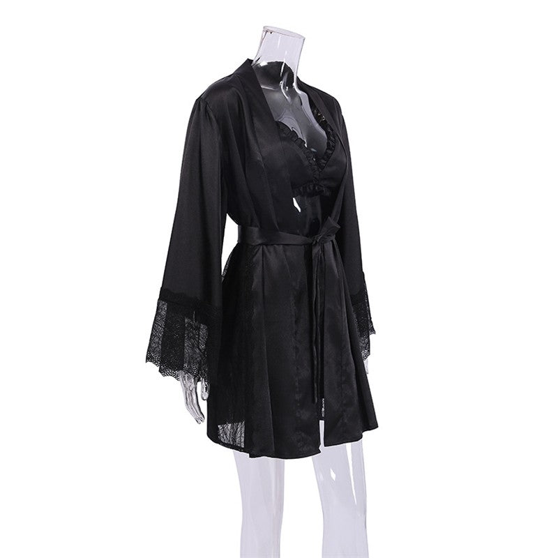 Lace-Trimmed Lingerie Set with Matching Robe and Shorts
