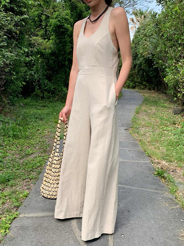 Sleeveless Wide Leg Solid Color Round-Neck Jumpsuits