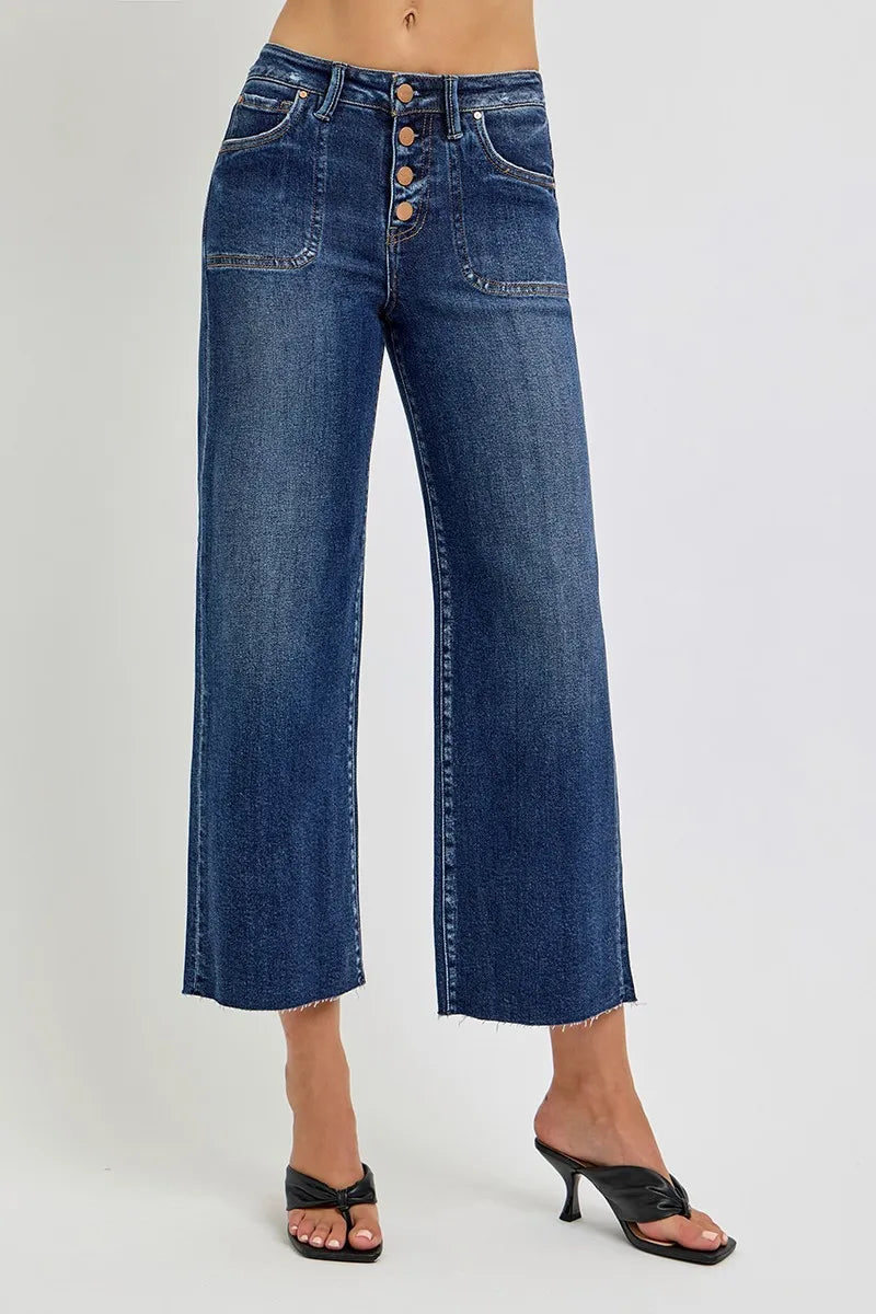 Full Size High Rise Crop Wide Button Up Jeans Plus Size