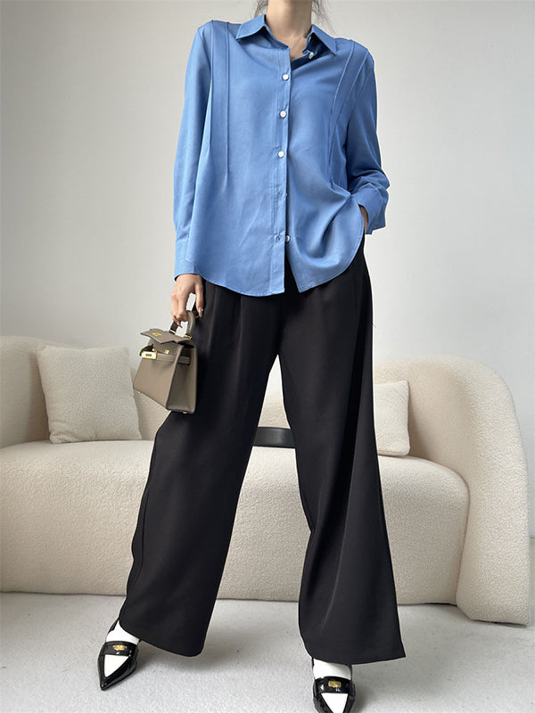 Long Sleeves Loose Pleated Split-Joint Lapel Blouses&Shirts Tops