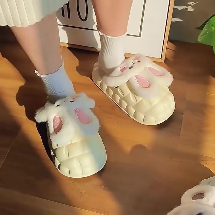 Unisex Cute Rabbit Fuzzy Slippers | Detachable Washable Plush House Shoes