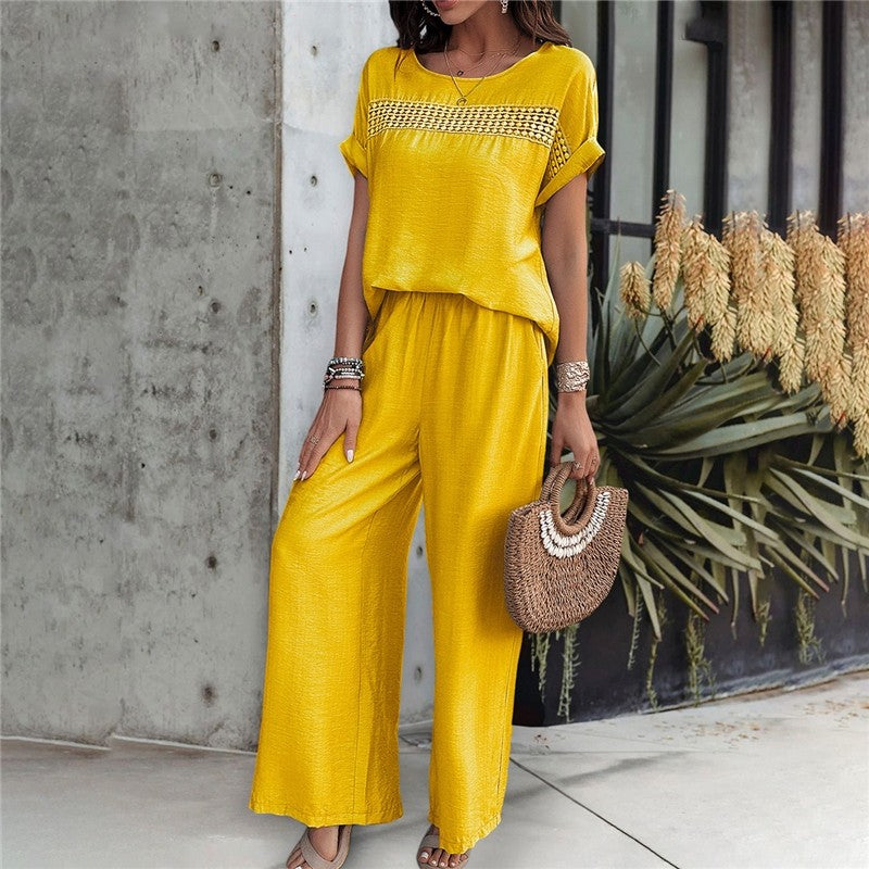 Casual Solid Color Short Sleeve Top and Long Pants Set