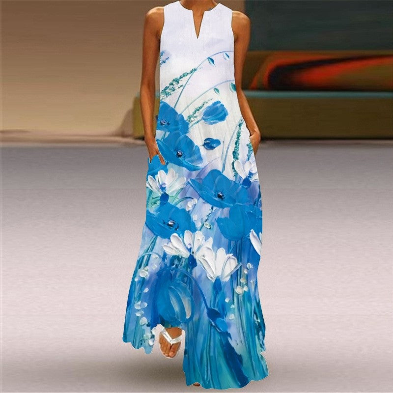 Sleeveless V-Neck Floral Print Casual Dress