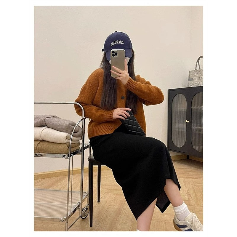 Solid Color Long Sleeve Crewneck Single Breasted Casual Loose Knitted Cardigan
