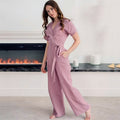 Solid Color V-Neck Bandage Top and Pants Set - Short Sleeve Loungewear